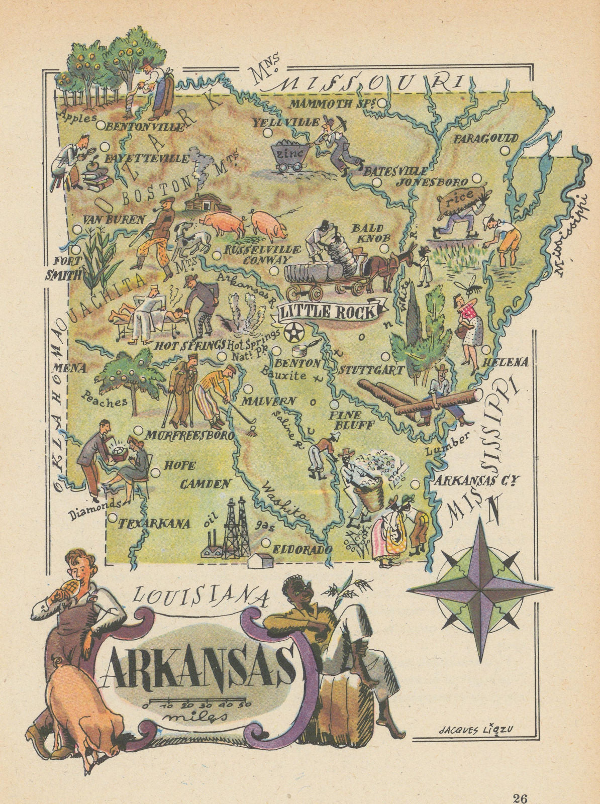 Arkansas small state map by Jacques Liozu 1946 old vintage plan chart